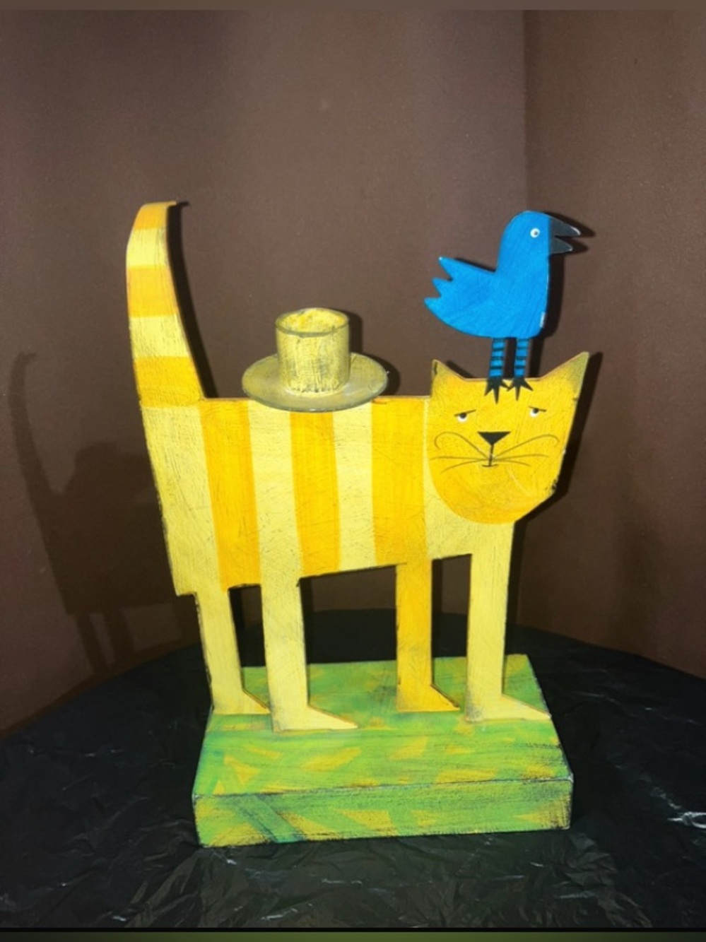 Acme Animals Canada Hand Painted Cat & Bluebird Figural Metal Candleholder